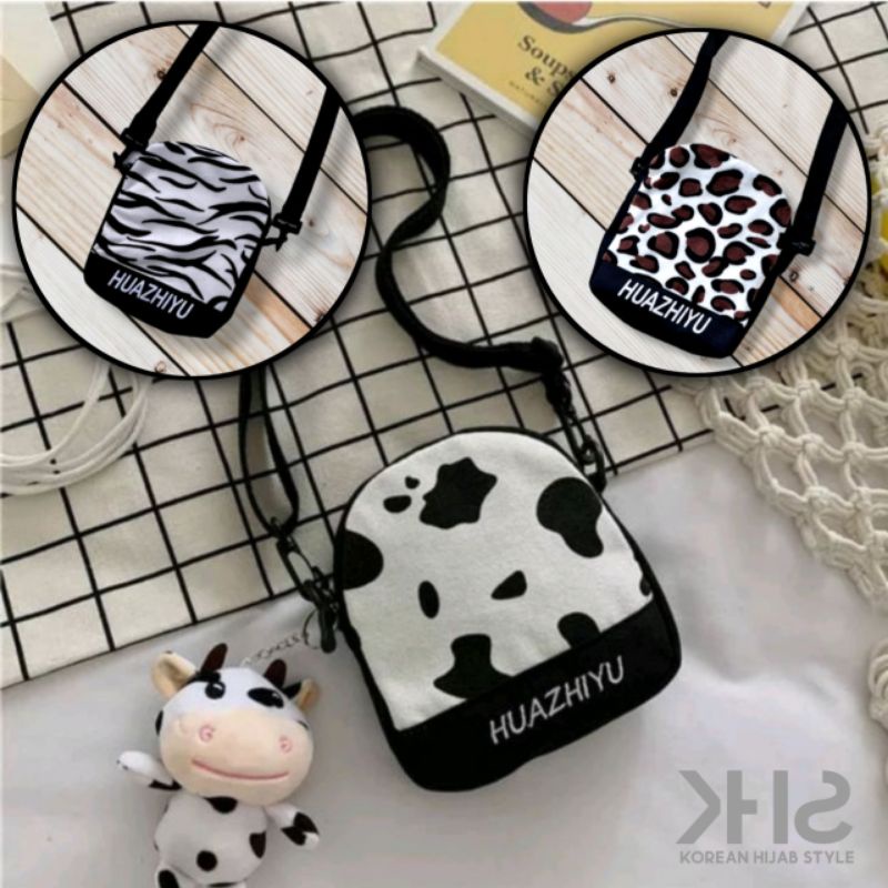 KHS Sling Bag Tas Selempang Bahu Wanita Kanvas / Tas Slempang HP Handphone Ponsel Kecil Motif Sapi H
