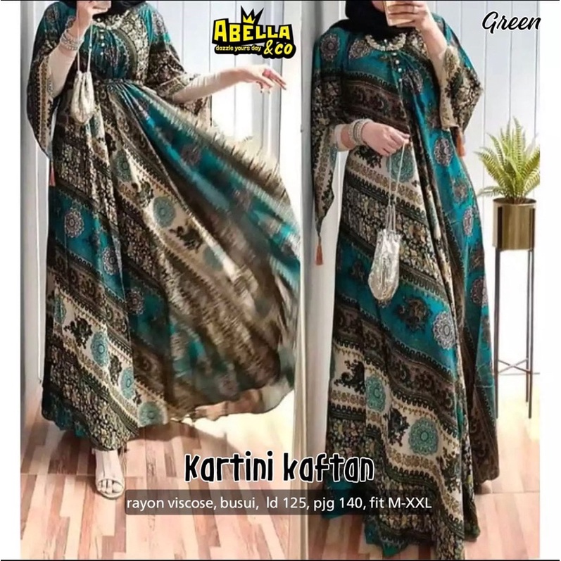 Dress maxi Wanita Muslim Motif Terbaru jumbo busui. Marsel kaftan Manda by Abella-Kartini green