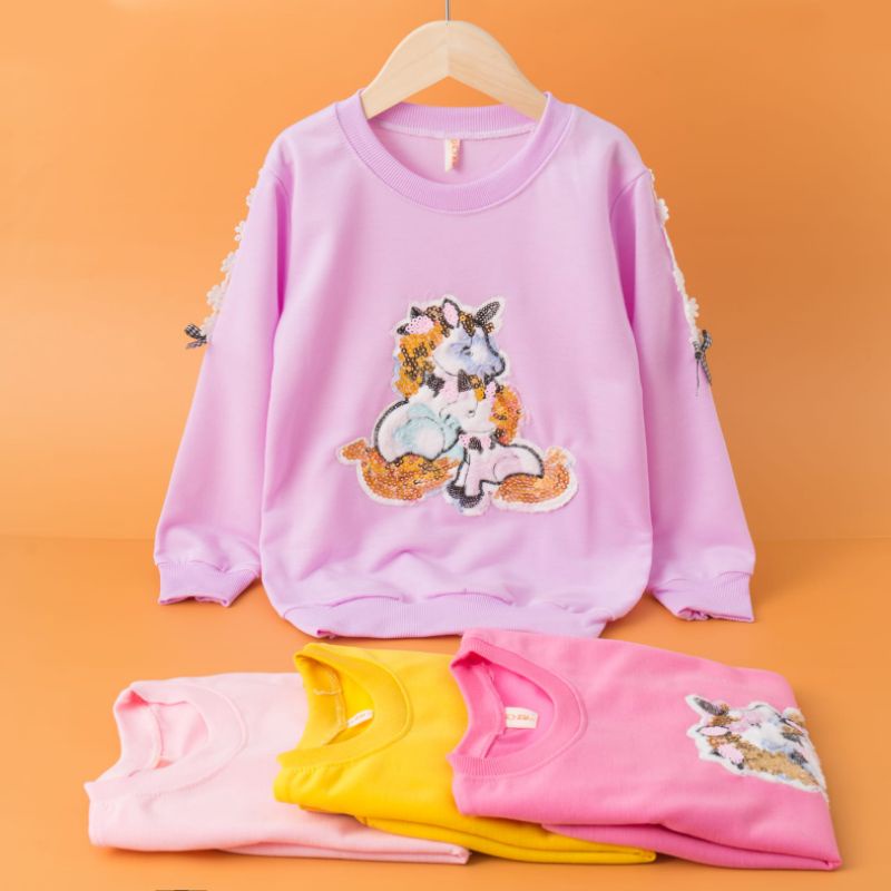 Kaos Anak Perempuan Import 4-11 Tahun Sweter Anak Import 100% APLIKASI BULU USAP RENDA