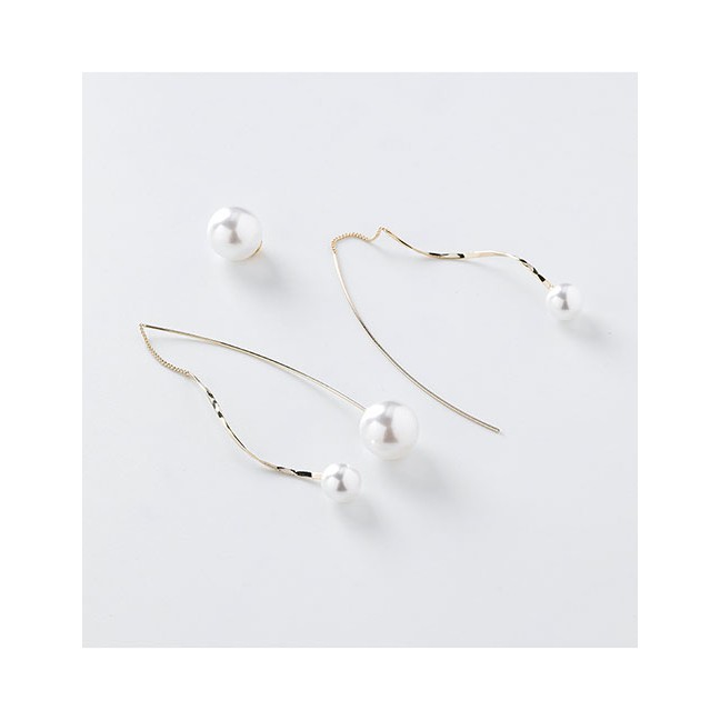 LRC Anting Tusuk Fashion Gold Wavy Curve Fringed Artificial pearl Earrings D35280