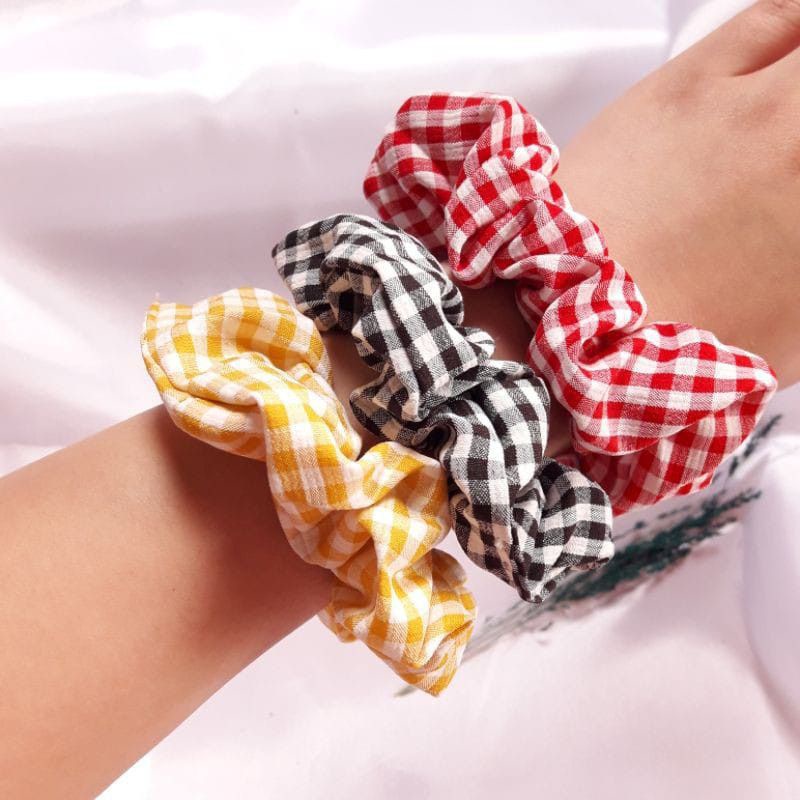 Ikat Rambut Jaring Ikat Rambut Wanita Anak Motif Kotak Vintage Fashion Korea Kekinian Karet Ikat Rambut Scrunchie