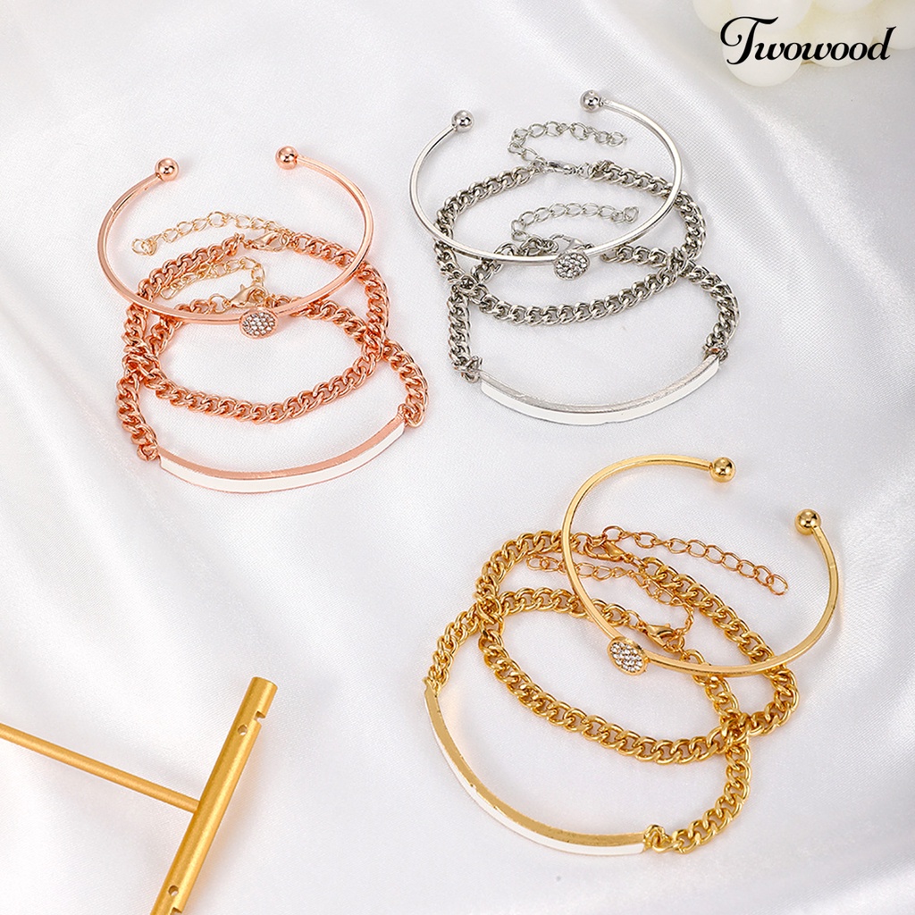 Twowood 3Pcs/Set Cubic Zirconia Opening Women Bracelets Alloy Shiny Adjustable Simple Bangles Jewelry Accessories