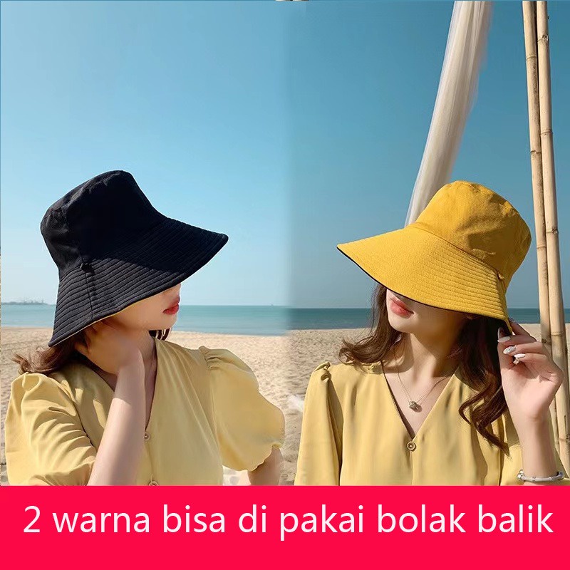 Topi Pantai Wanita Bolak Balik Topi Matahari Musim Panas Topi Ember Dilipat Anti UV