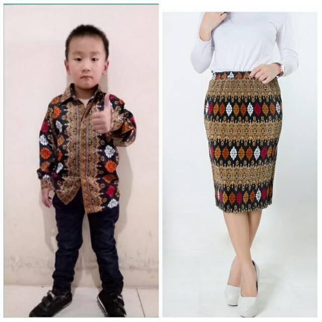 Couple rok instan plisket pendek ibu kombi kemeja anak lengan panjang batik