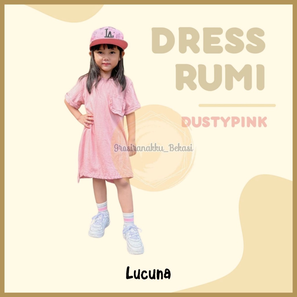 Dress Anak Oversize Lucuna Rumi Warna Dusty Pink Size 1-5tahun