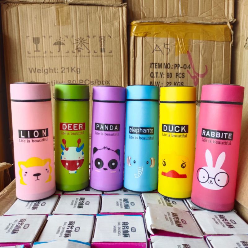 ~ PIYOSHI08 ~ Botol Minum Termos Kaca Motif Animal Warna 450 ml Lucu Glass Bottle Pakai Dus AF52