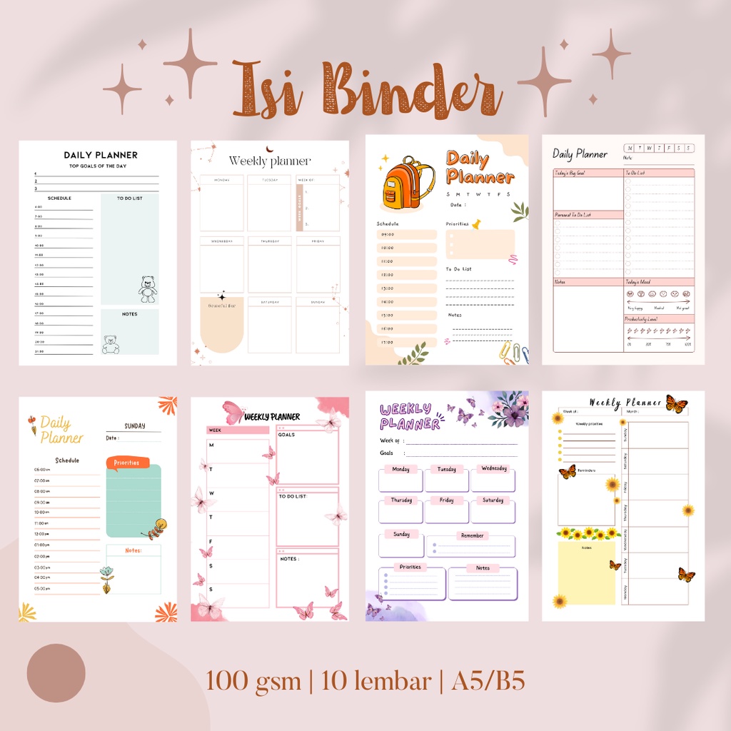 

10 PCS ISI BINDER A5 & B5 / WEEKLY PLANNER / DAILY PLANNER / BULLET JOURNAL / JURNAL MINGGUAN / JURNAL HARIAN / TO DO LIST / RENCANA MINGGUAN / RENCANA HARIAN / CATATAN MINGGUAN / CATATAN HARIAN / PERENCANAAN MINGGUAN / PLANNER HARIAN / PLANNER MINGGUAN