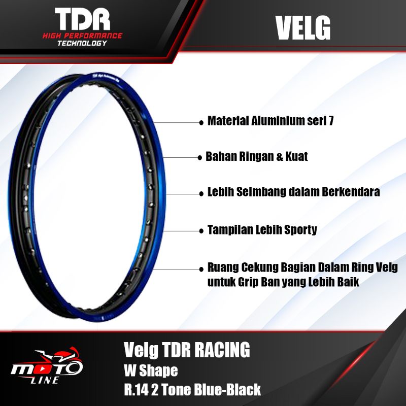 velg tdr racing w shape 2 tone ring 14 blue-black