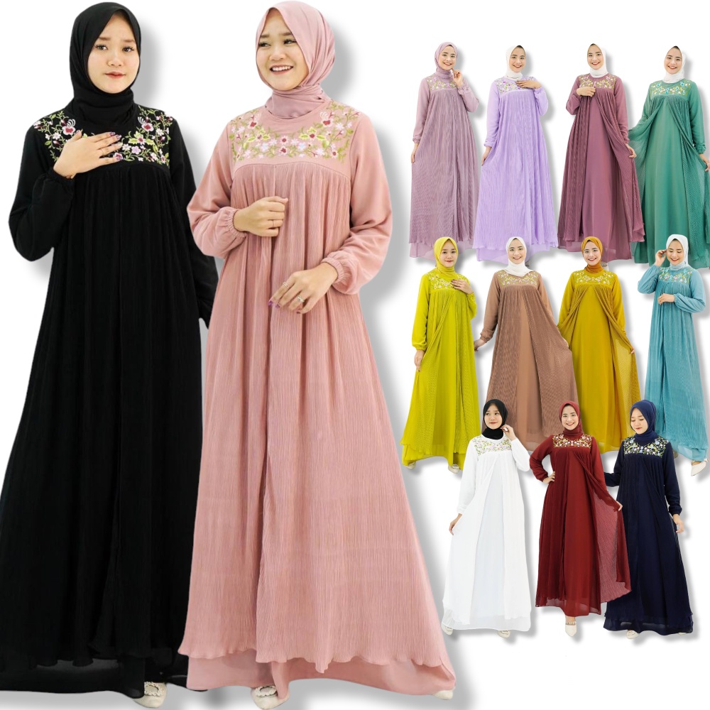 Baju Gamis Bordir Wanita LD 104 114 126 Jumbo Ceruti Premium Plisket Big Size Perempuan 02057