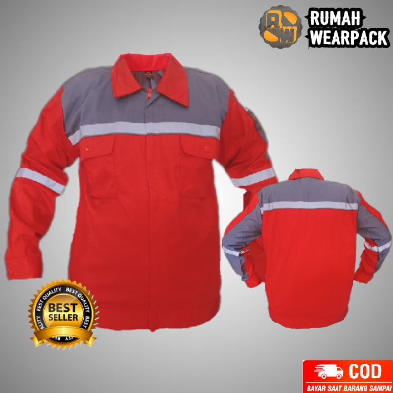 Baju Kerja/ Wearpack Proyek/ Kemeja Kerja Lengan Panjang Atasan Merah Kombinasi Abu Tua