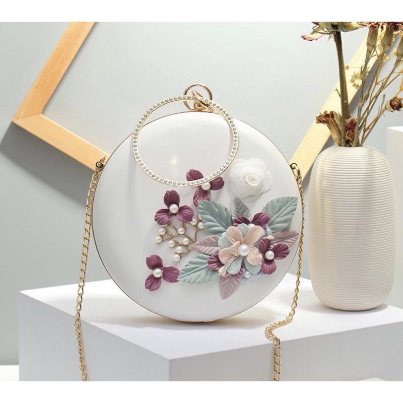 Tas pesta import / tas bulat / tas kondangan / tas pesta flower circle clutch bag