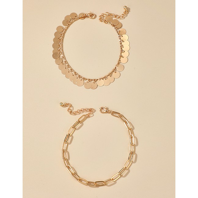 LRC Gelang Kaki Fashion Golden Thick Chain Tassel Water Drop Disc Multilayer Anklet P06604