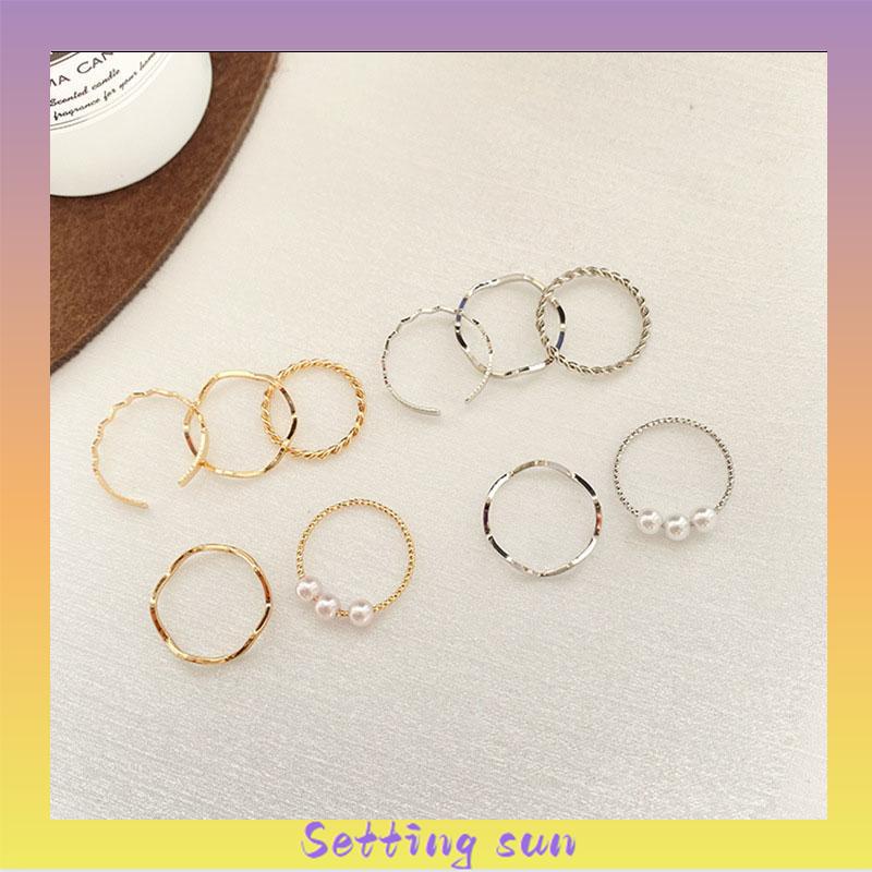 5 pcs Cincin Set Fashion Aksen Berlian Imitasi Mutiara Untuk Wanita TN