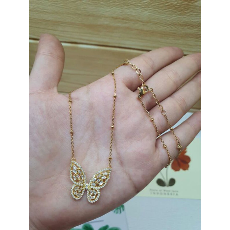 Kalung asli titanium microdiamond kupu kupu / kalung kupu kupu titanium / kalung titanium gold 18K