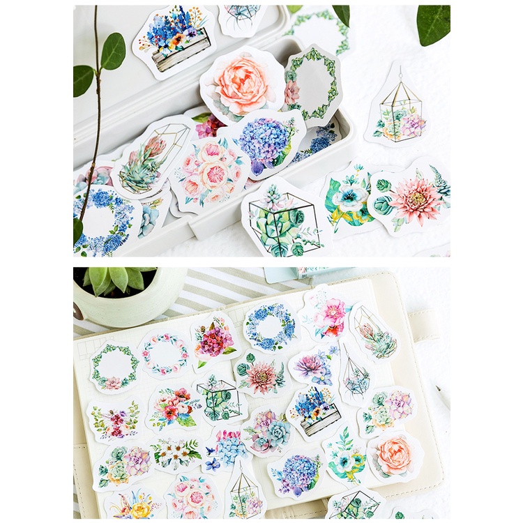 46pcs/set Stiker Motif Bunga Dan Tanaman Warna-Warni Untuk Jurnal/Scrapbook