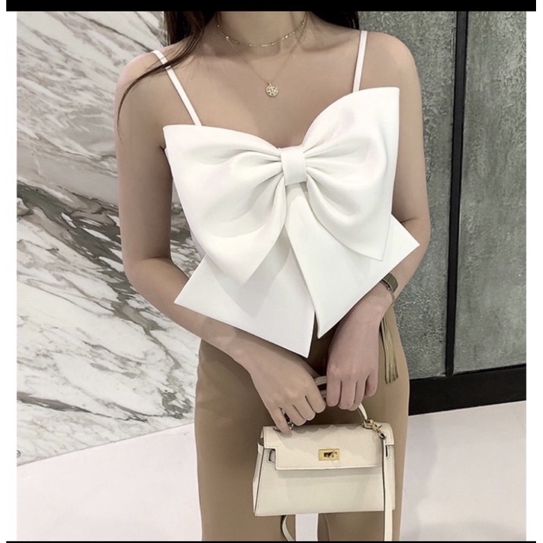 2WAYS PREMIUM RIBBON TOP IMPORT ATASAN WANITA CEWEK BAJU TANKTOP KEMBEN CROP MX917-Putih