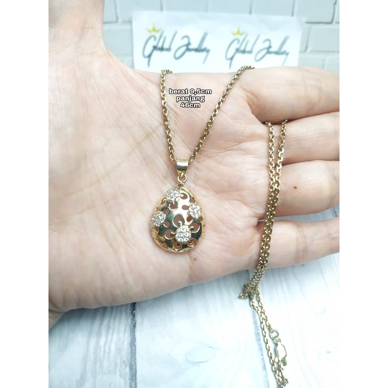 KALUNG SET LIONTIN BUNGA TETES AIR CEMBUNG MATA GOLD PERAK ASLI S925 CM003