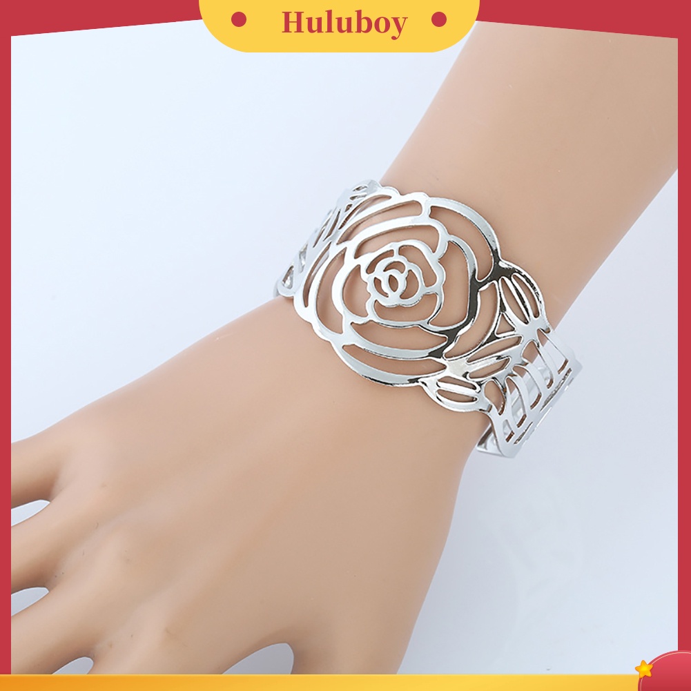 Hu Hu Hu Hu Hu Alat Bantu Pasang Kacamata♡ Gelang Bangle Open Desain Bunga Mawar Hollow Bahan Metal Untuk Wanita