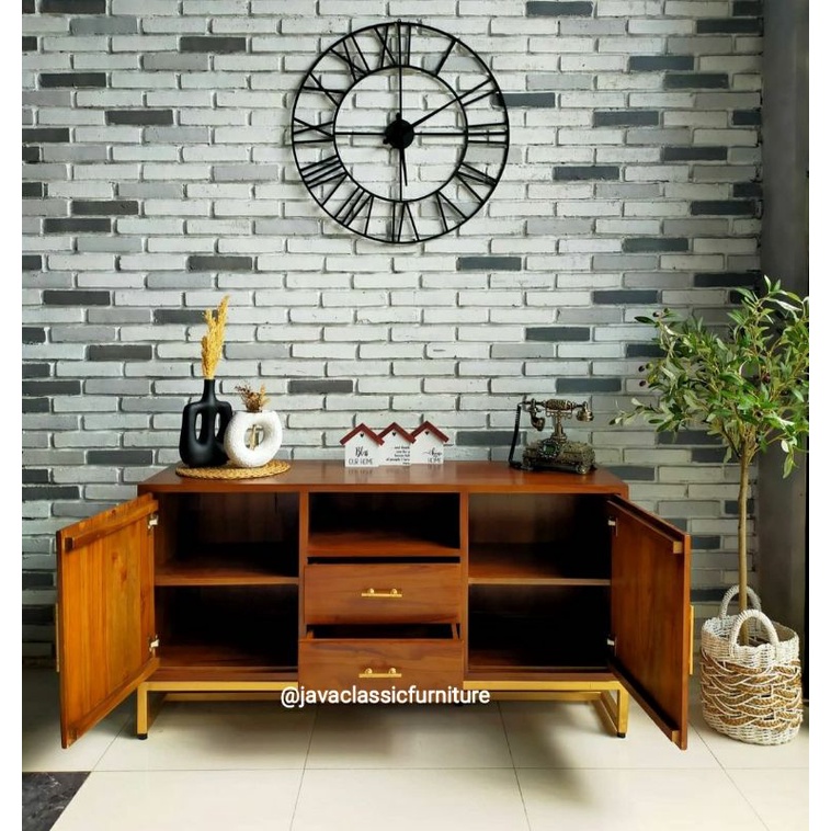 BUFET SCANDINAVIA TV RETRO MINIMALIS CUSTOM KAKI BESI CABINET DRAWER PAJANGAN RUANG TAMU BAHAN KAYU JATI GRADE A FINISHING NATURAL FURNITURE JEPARA-1