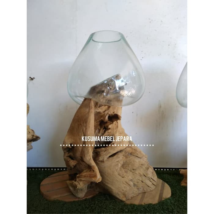 Pot Kaca Hias Kayu Jati Erosi Kode 002 B (Tinggi 65cm)