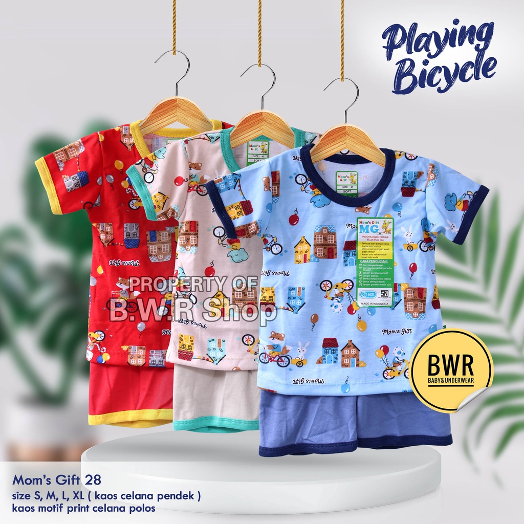 Setelan Moms Gift PENDEK Playing Bicycle Terbaru / Piyama Anak Unisex Warna Kombinasi Mom's Gift Motif | Bwr