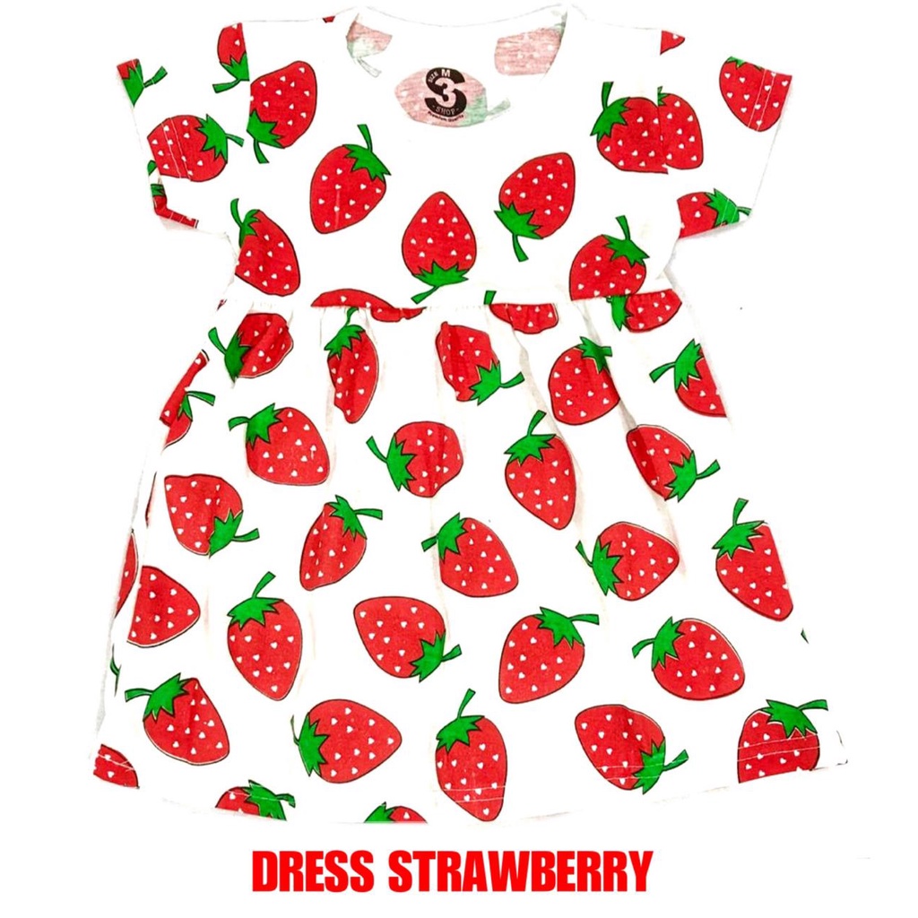 (1 KG MUAT 13 PCS) BAJU DRESS/DASTER ANAK KIDS PEREMPUAN/CEWEK BAHAN KAOS KATUN STRAWBERRY/STROBERI