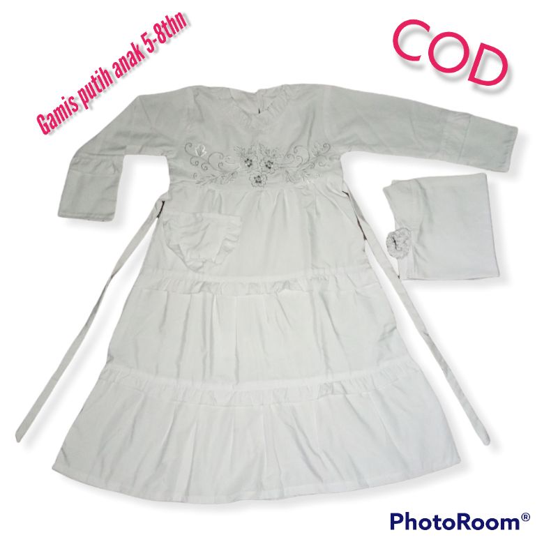 gamis putih polos anak perempuan set hijab terbaru, gamis manasik anak paud TK,baju muslim putih ana