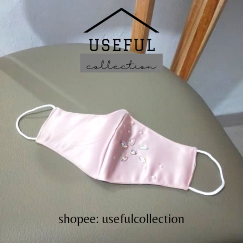 Masker Mask Kain Wanita Lamaran Wedding Kondangan Pink Rose Gold Mutiara Mute Motif Bunga Satin