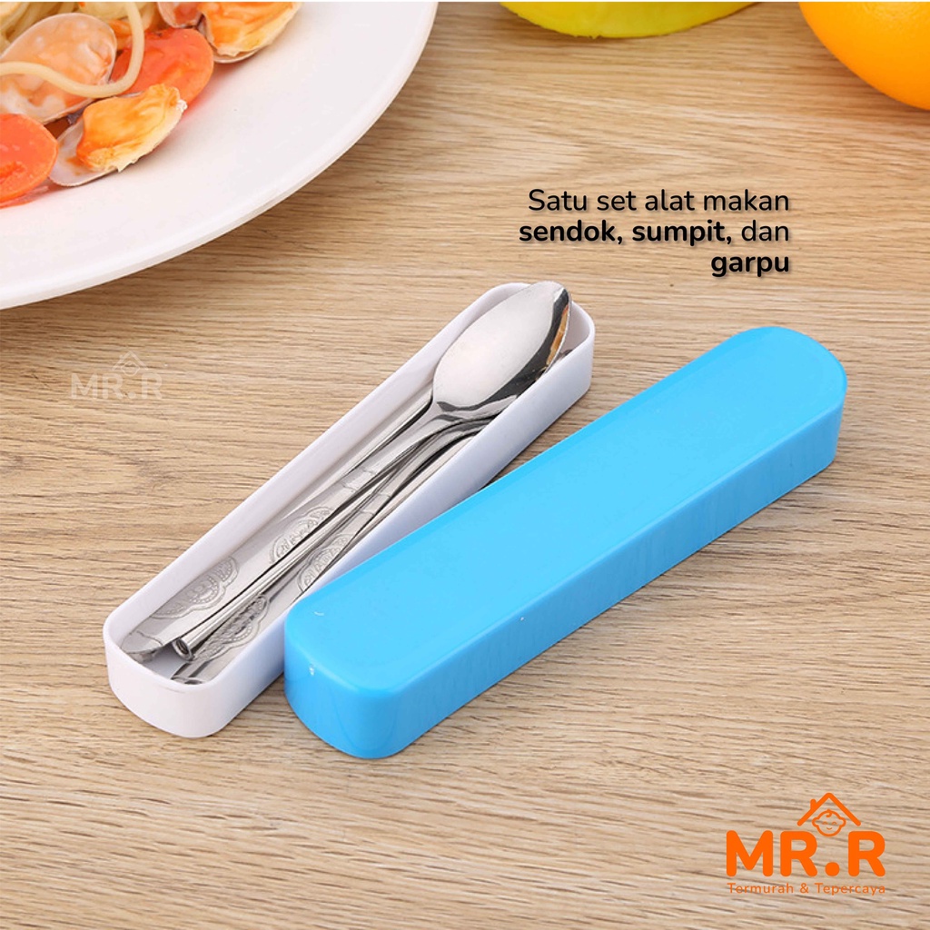 1 Set Alat Makan Sendok Garpu Sumpit Stainless Steel + Box Portable Travel Cutlery Set Food Grade