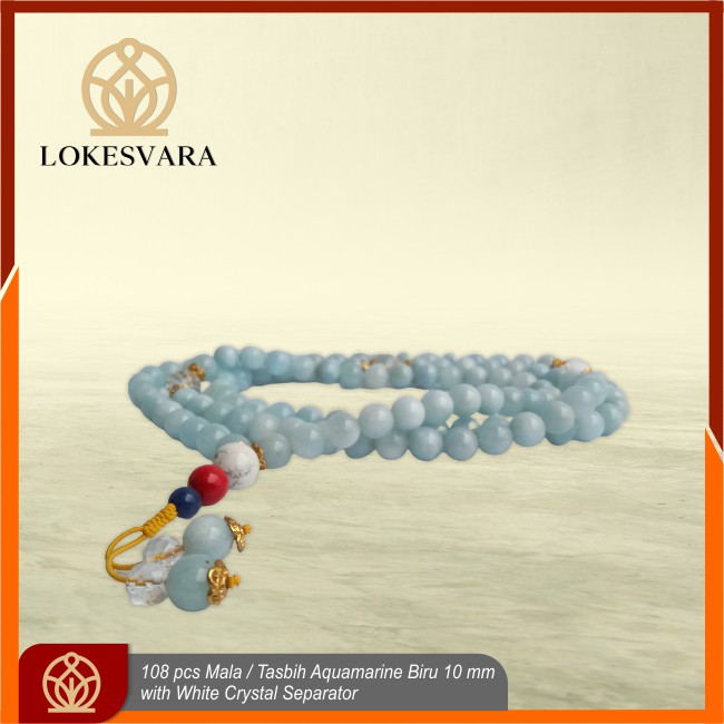 Mala Tasbih Buddha Kristal Aquamarine Biru With White Crystal