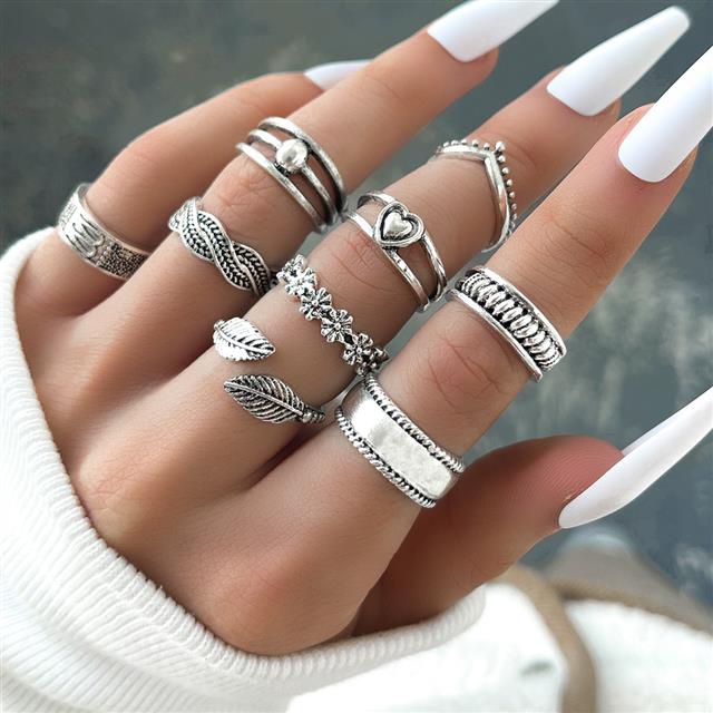 Wanita in vintage daun bunga jantung geometris ring set 9 buah set