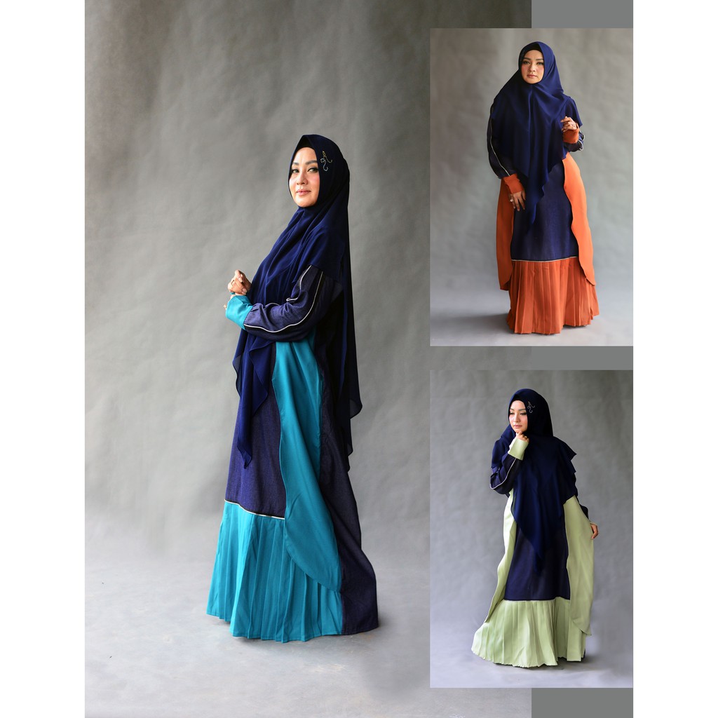 GAMIS MODERN MOSCREPE KOMBINASI JEANS BIRU CANTIK