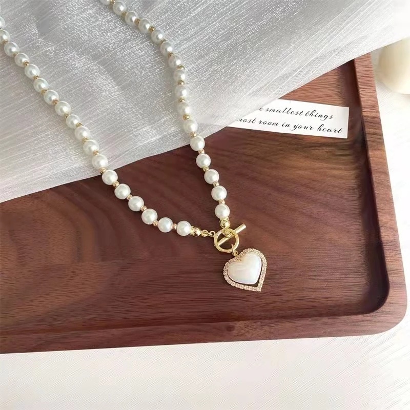 Kalung Klavikula Hias Liontin Mutiara Berlian Imitasi Bentuk Hati Gaya Korea Untuk Wanita