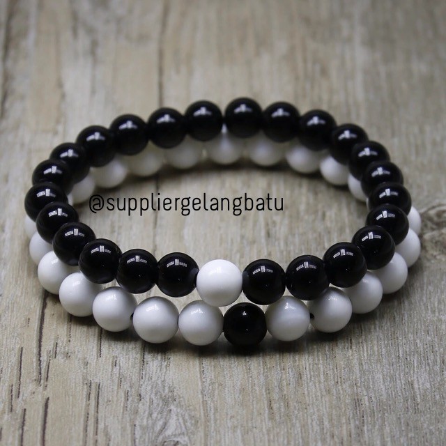 gelang batu onik couple sepasang distance bracelet hitam putih onyx