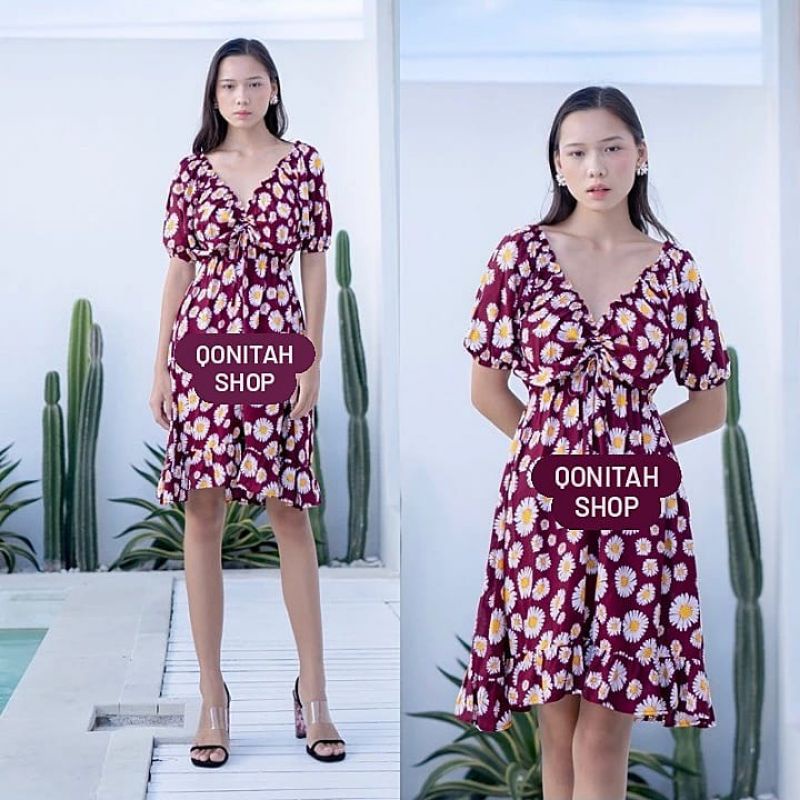 Dress Pendek Korea Motif Daisy Kerut Sabrina Mini Dress Sabrina Kerut Bunga