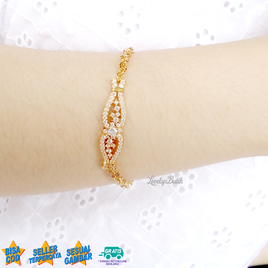 Lovelybutik - Gelang Tangan Xuping Gold 24K Wanita Dewasa Model Rantai Plat Permata Mewah J3nifer