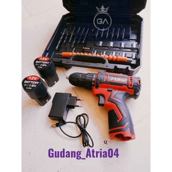 Cordless drill JLD 12V set Mesin bor 2 baterai set merah