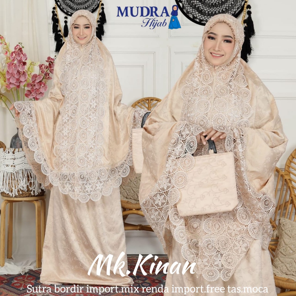 MUKENA KINAN CANTIK ANGGUN DAN MEWAH ORIGINAL MUDRA HIJAB BAHAN SUTRA BORDIR IMPORT MIX RENDA