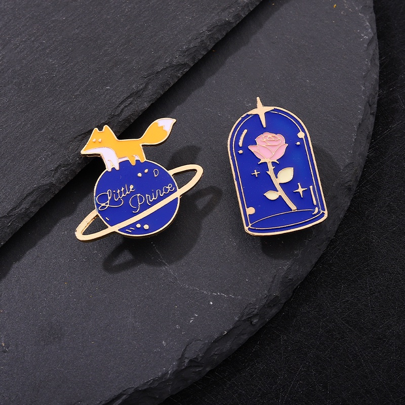 Bros Pin Enamel Desain Kartun Pangeran Kecil Bunga Mawar Rubah Planet Untuk Aksesoris Pakaian