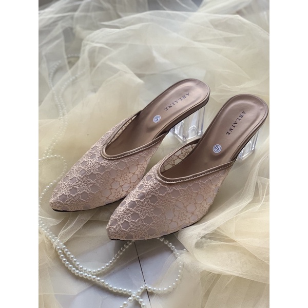 TERMURAH!!!! READY STOK Heels Brukat Zara Hak Kaca 7cm/ sepatu pengantin/ sepatu brokat/ sepatu mewah/ sandal seserahan-Hak kaca 7cm Moca