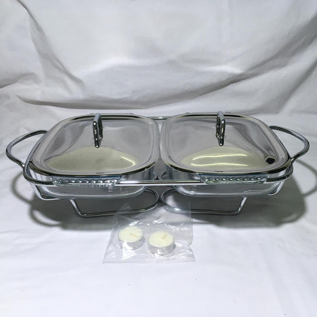 Wadah Saji Makanan Prasmanan Cantik kaca pyrex 2 /double untuk acara keluarga | alat pesta nikahan