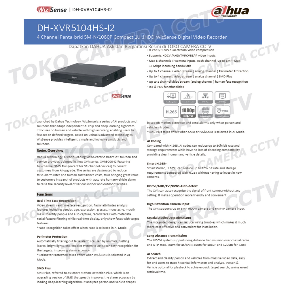 DVR DAHUA 4 CHANNEL DH-XVR5104HS-I2 5MP XVR5104HS I2 DVR 4CH DAHUA 5MP