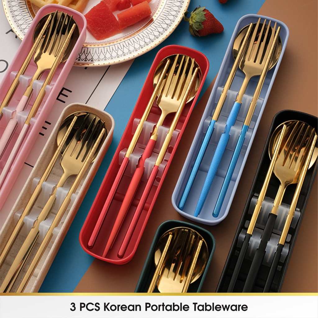 3 Pcs Set Sendok Alat Makan Cutlery Korea Garpu Sumpit Set Box Stainless Steel Travel Silver Gold Peralatan Makan Korea