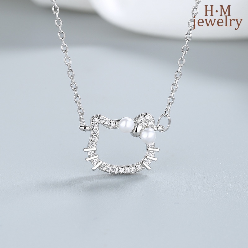 Liontin Kalung Bentuk Kepala Kucing Lucu Elegan Dengan Mutiara