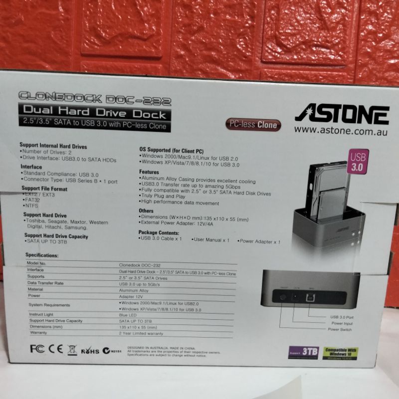 ASTONE CLONEDOCK DOC-232Dual Hard Drive Dock 2,5&quot;/3,5&quot; SATA to USB 3.0 with PC-less Clone