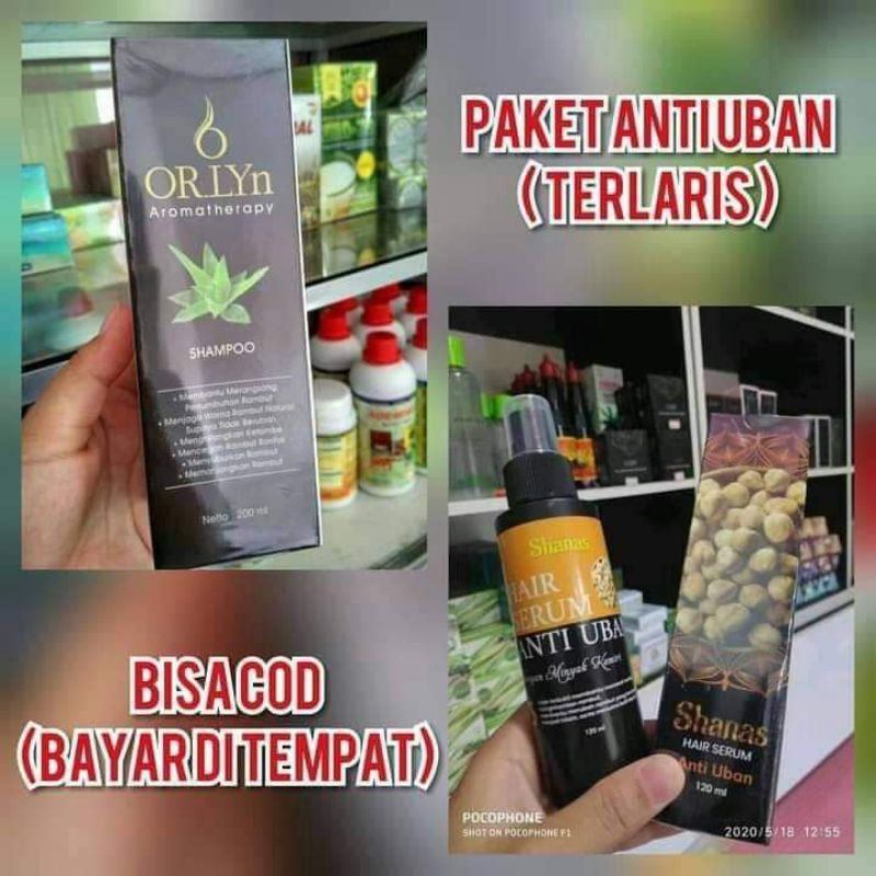 Shampo Orlyn Lidah Buaya + Shanas Serum Anti Uban Nasa Minyak Kemiri Penghitam Penumbuh RambutAlami