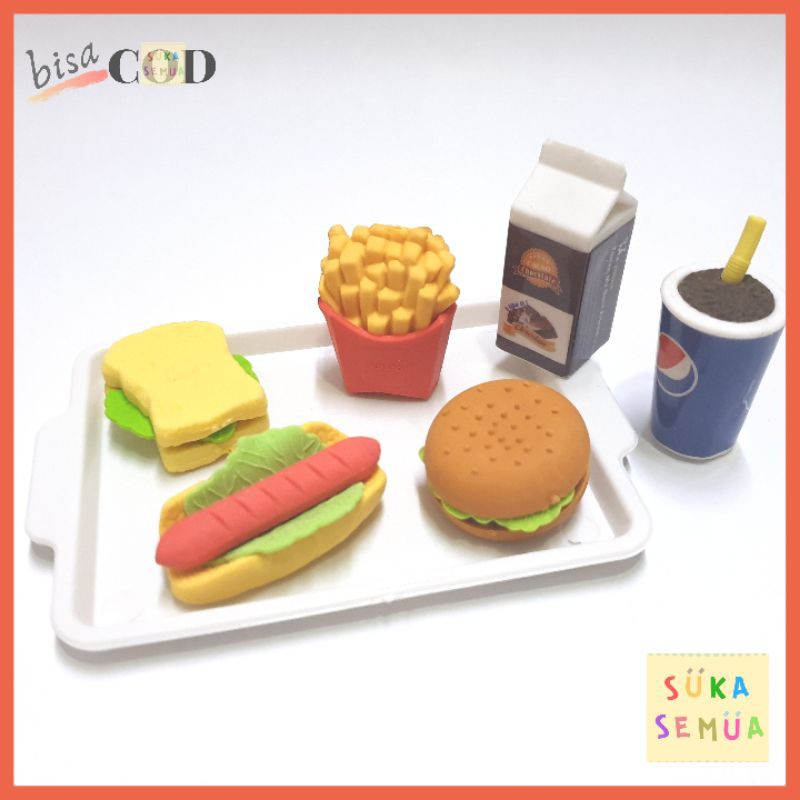 

Penghapus Fast Food // Eraser Setip Stip Hapusan Junk Burger Hotdog Kentang Goreng Susu Soda Baki