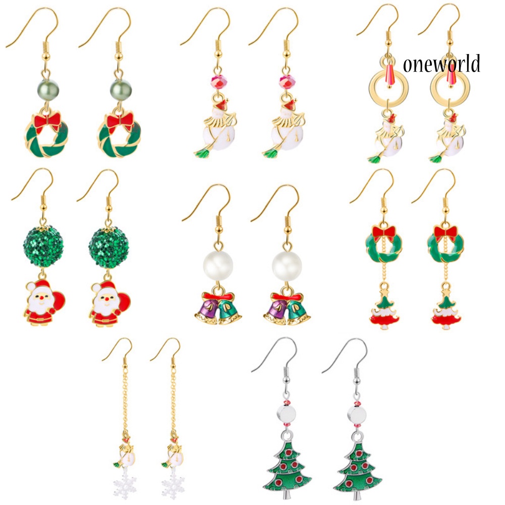 OW@ Women Enamel Christmas Santa Claus Tree Deer Dangle Hook Earrings Xmas Gift