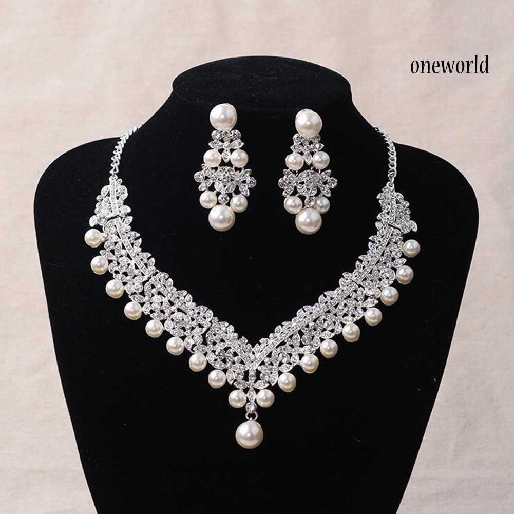 OW@ Women Faux Pearl Rhinestone Pendant Necklace Earrings Crown Tiara Jewelry Set