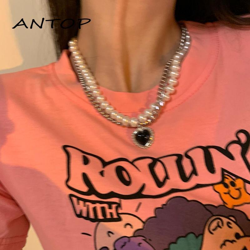 Kalung Rantai Klavikula Model Double Layer Aksen Mutiara Warna Hitam Gaya Retro Hip-Hop Untuk Wanita